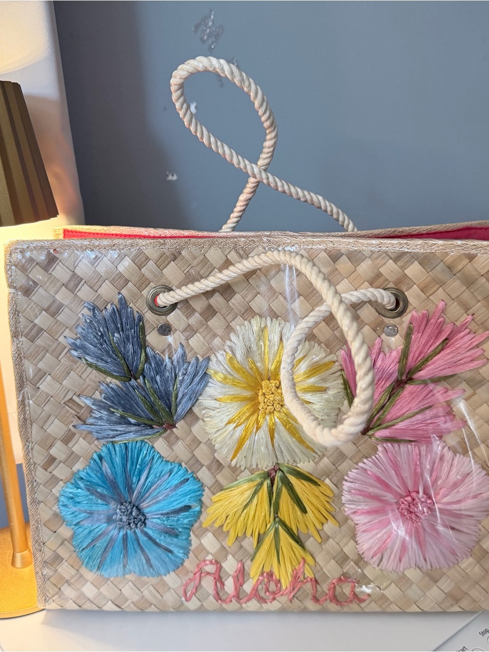 Handwoven Floral Straw Tote Bag - Pink, Blue, Yellow
